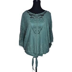 Democracy Small Green 3/4 Wide Sleeve Tie Front Blouse Embroidered Lace Tank